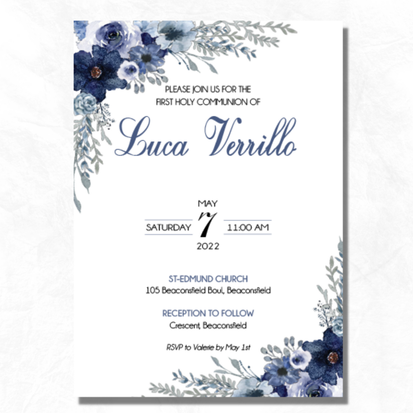 Blue Floral Confirmation, Communion, Baptism Invitation