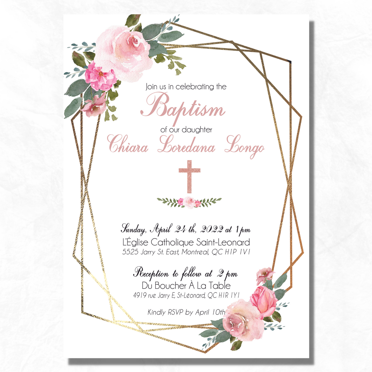 Pink Floral Baptism, Communion, Confirmation Invitation