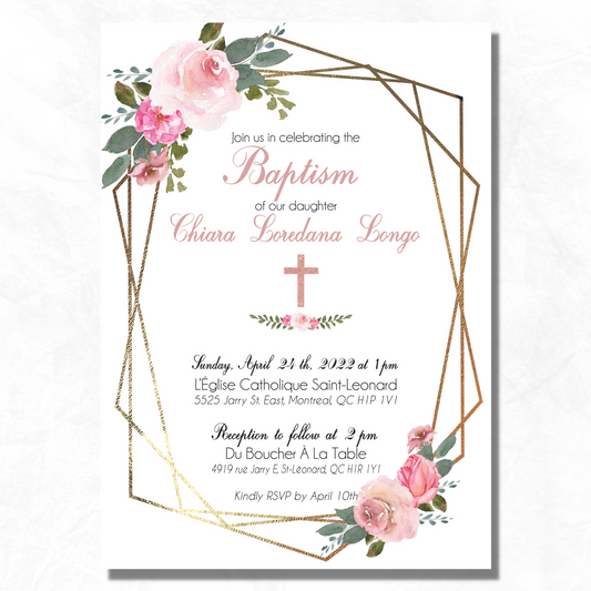 Pink Floral Baptism, Communion, Confirmation Invitation