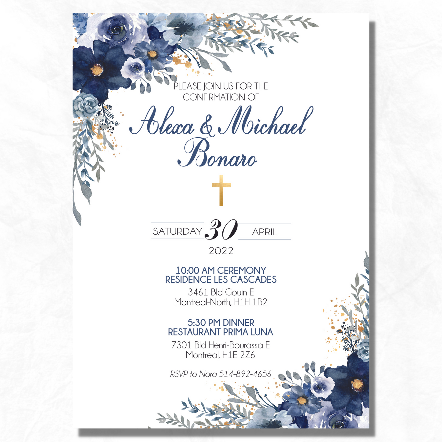 Blue Floral Confirmation, Communion, Baptism Invitation