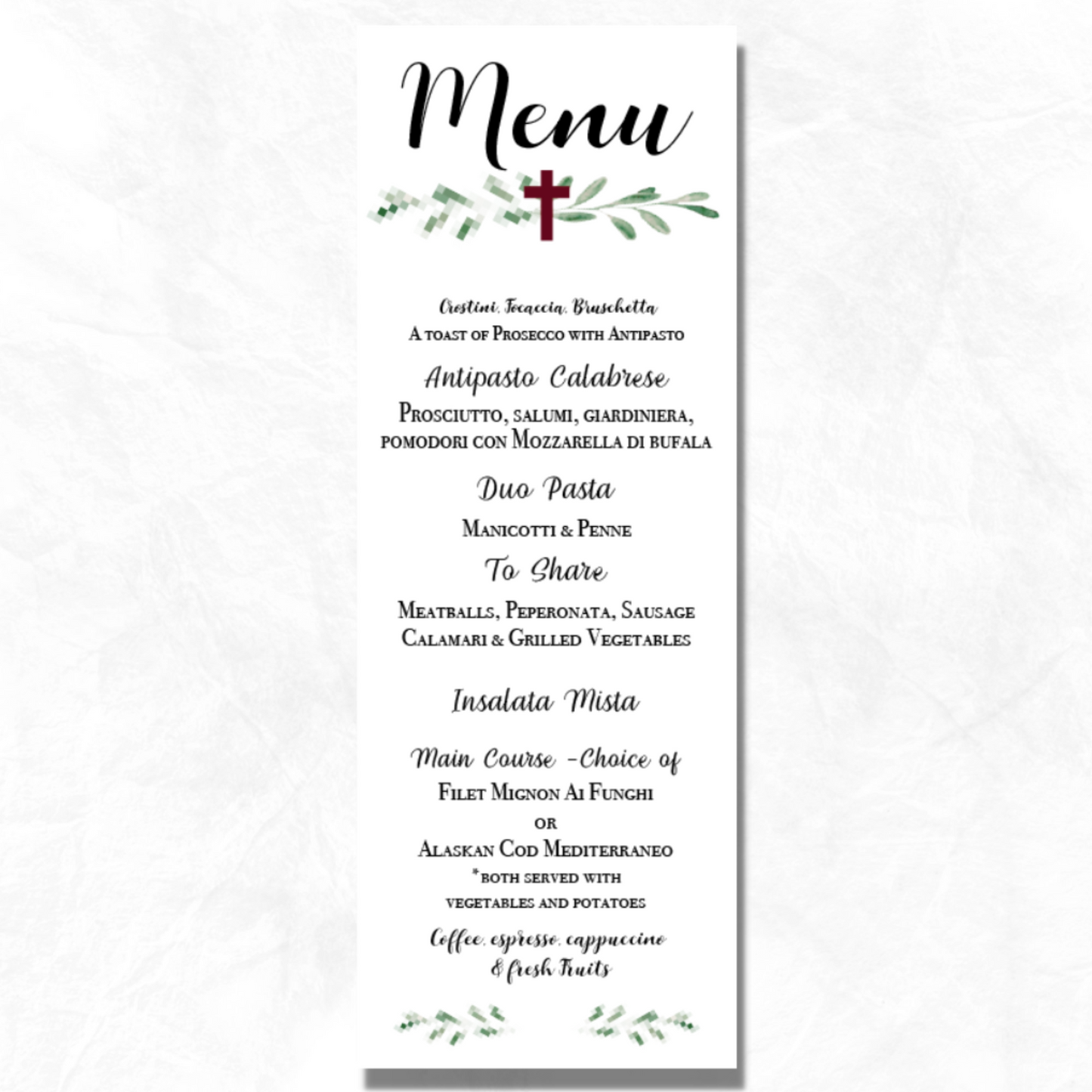 Cross and Greenery Menu