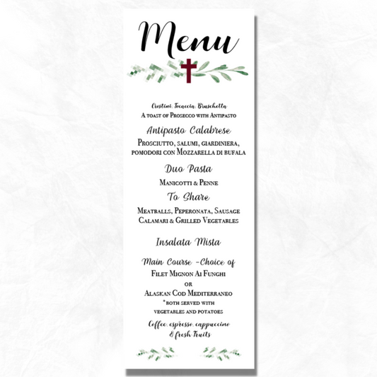 Cross and Greenery Menu