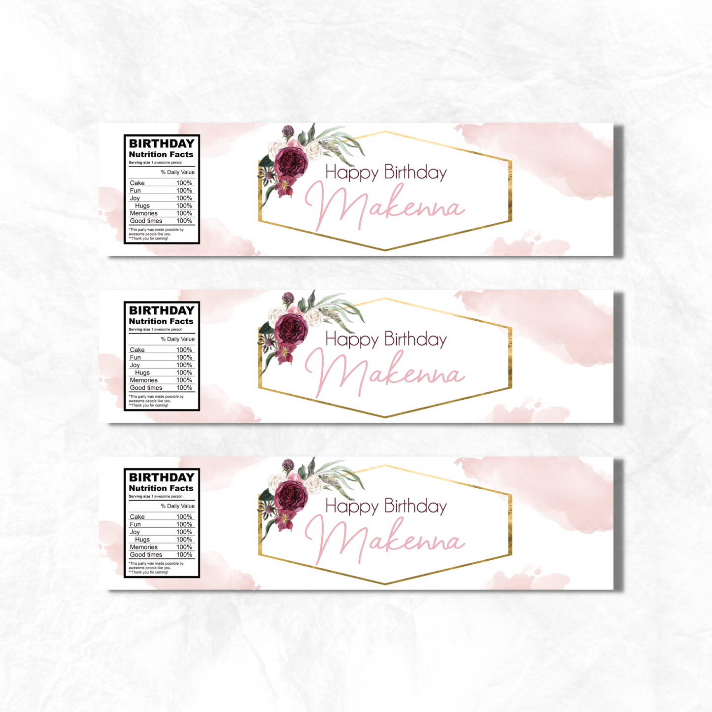 Burgundy Floral Water Bottle Labels