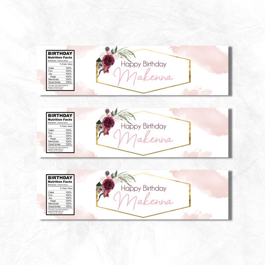 Burgundy Floral Water Bottle Labels