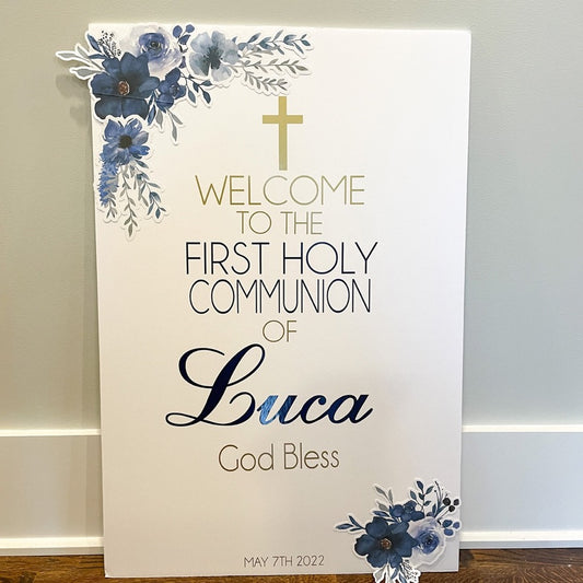 Communion, Baptism, Confirmation Blue Floral Welcome Sign