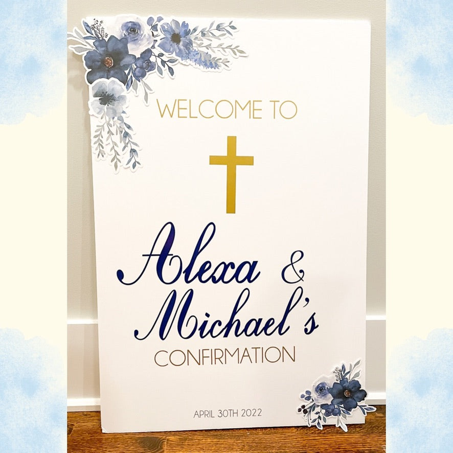 Communion, Baptism, Confirmation Blue Floral Welcome Sign